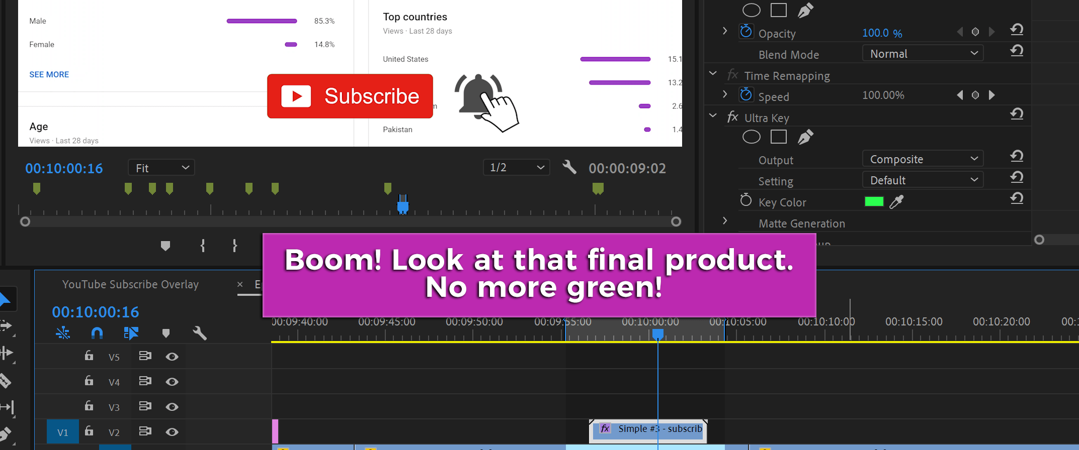 Enjoy the fruits of your labor! Successful green screen effect using the "ultra key" in Adobe Premiere Pro
