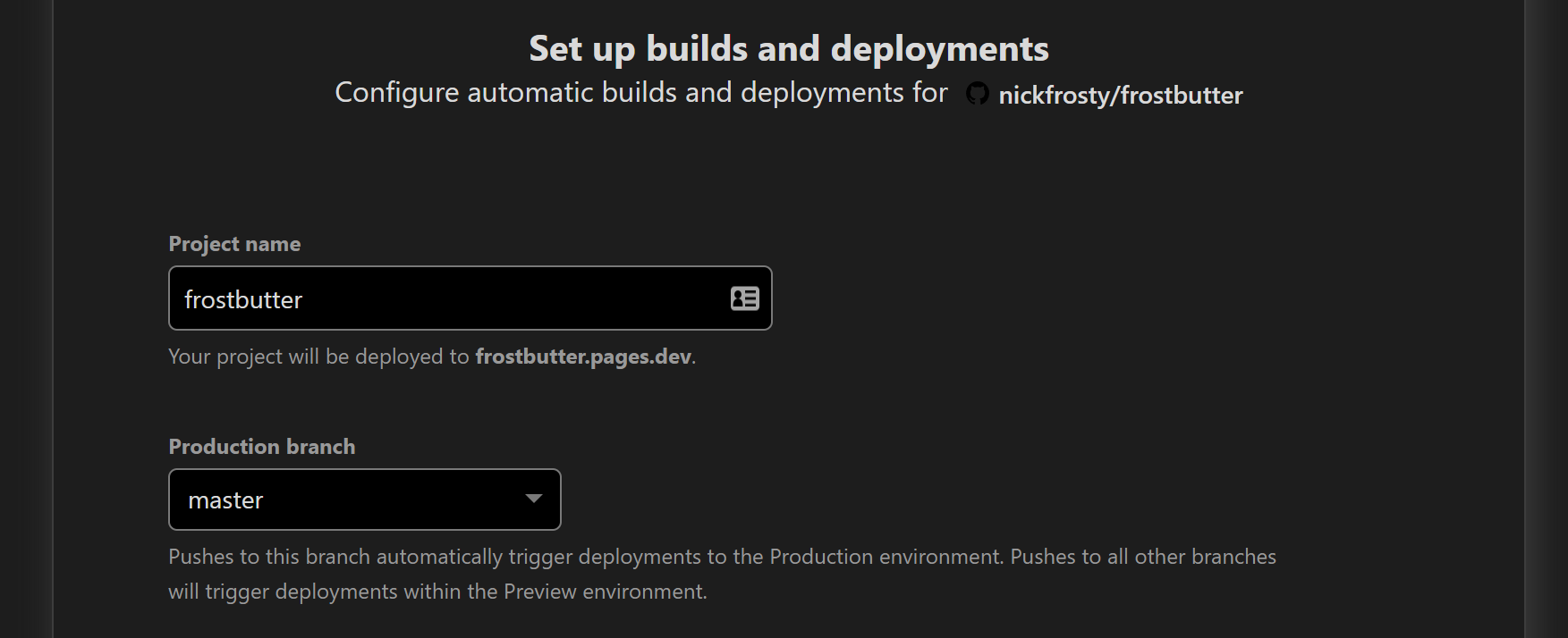 Name your project and select the production branch