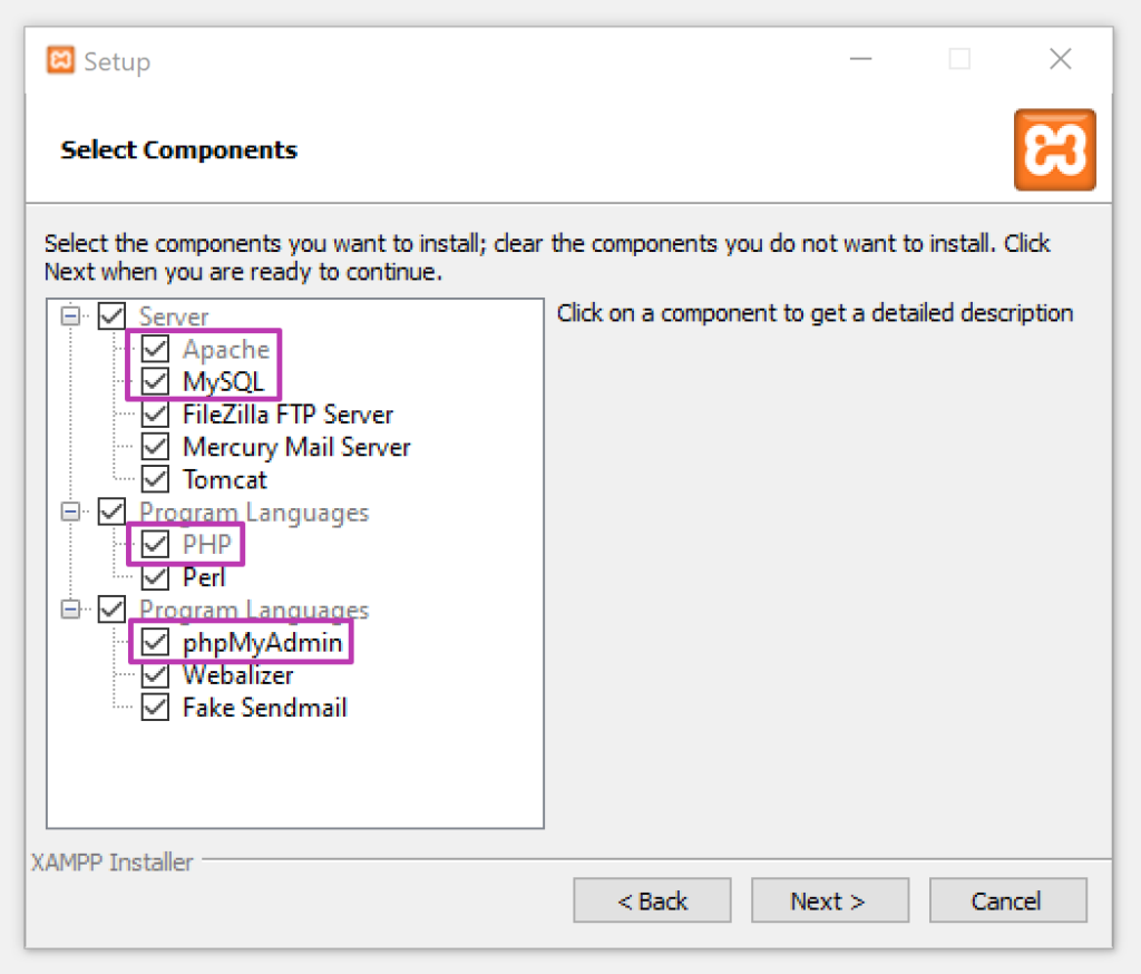 Setup a local web server - Install XAMPP - 2. select XAMPP modules to install for XAMPP server