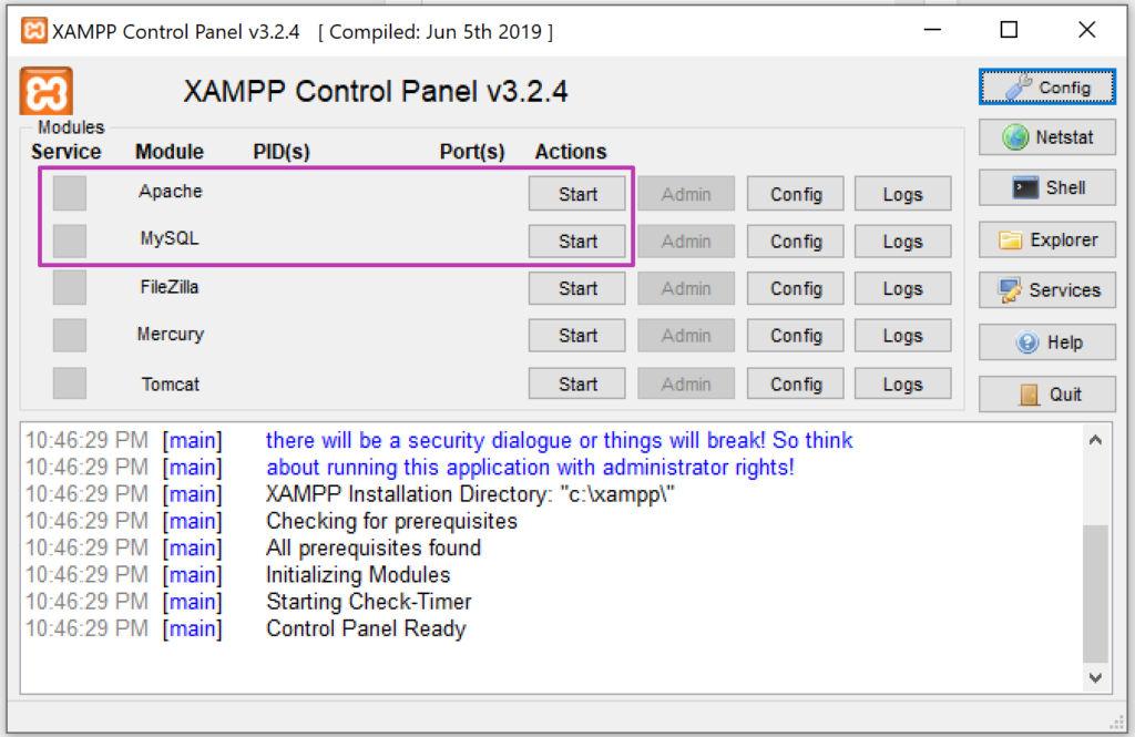 Setup a local web server - Install XAMPP - 3 xampp control panel to open Apache and MySQL