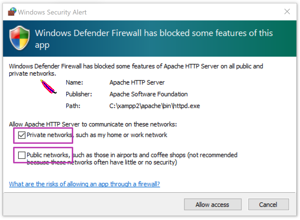 Setup a local web server - Install XAMPP - 4 - xampp installer Windows firewall security popup to allow Apache and MySQL though the firewall