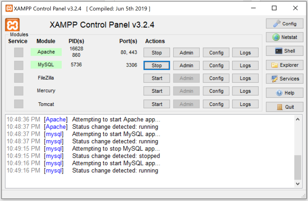 Setup a local web server - Install XAMPP - 5. xampp control panel with Apache and MySQL running