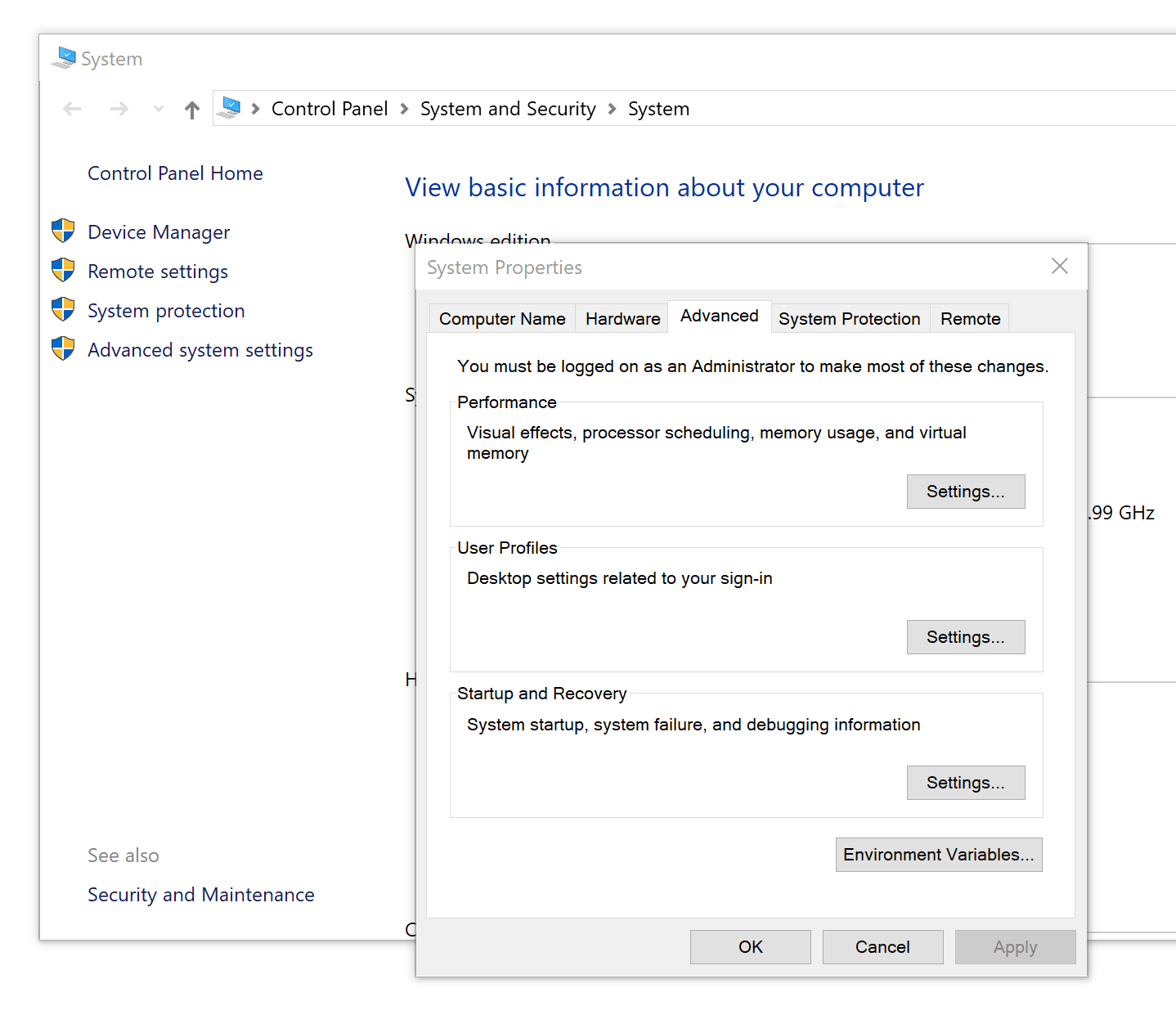 open the advanced system settings in Windows control panel