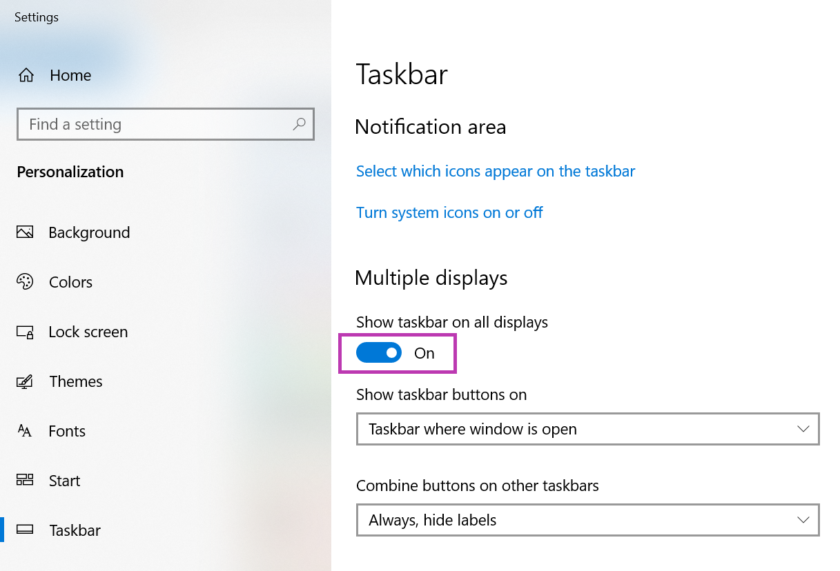 Toggle the "Show taskbar on all displays" setting to enable the multi monitor taskbar