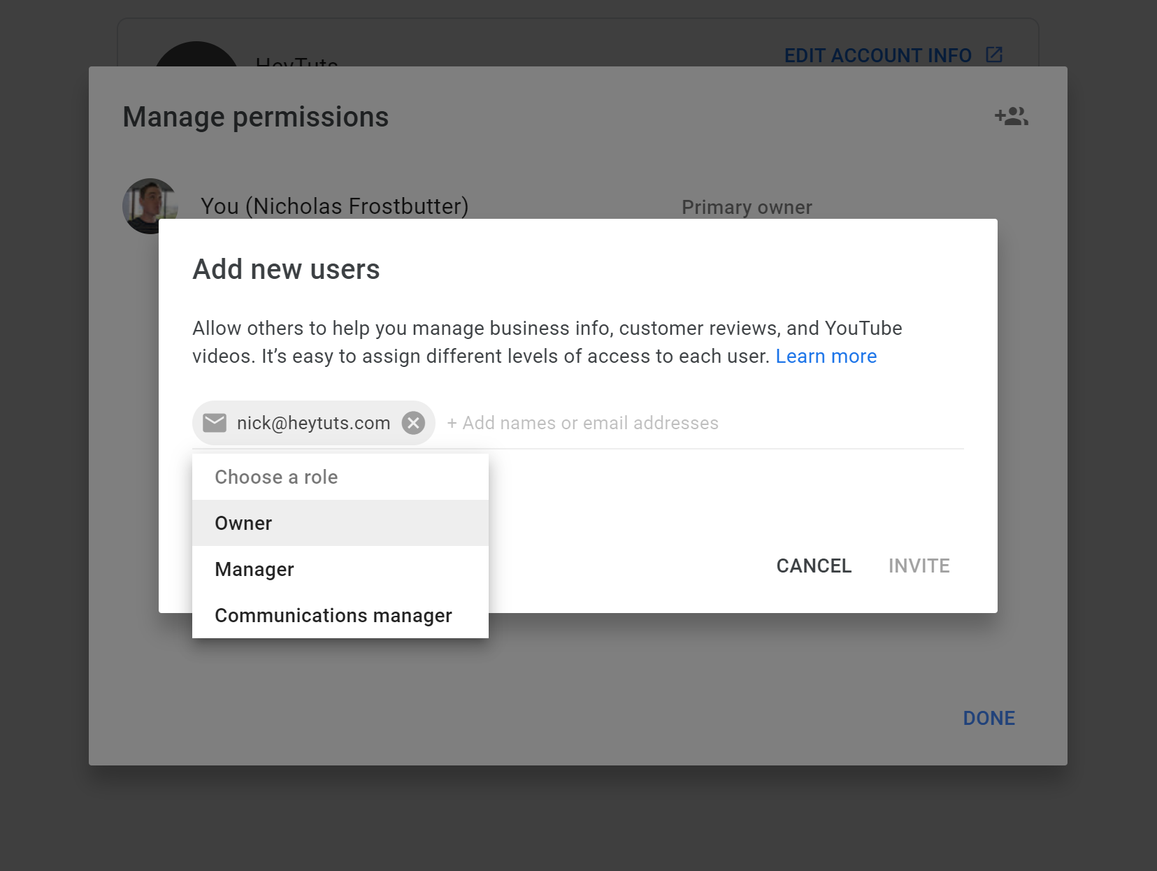 select the correct role for your new YouTube email address